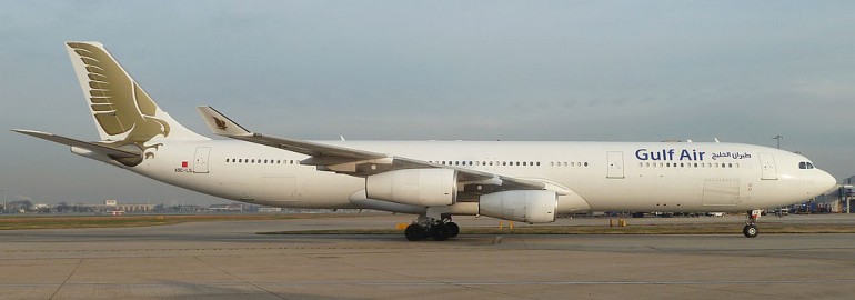 A9C-LG A343 in a basic Gulf Air color scheme before being painted as Plus Ultra by John Taggart / Wikimedia Commons