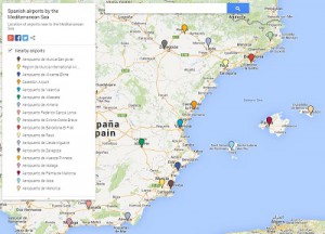 Link to a map with details on the location of the Spanish airports near to the Mediterranean Sea